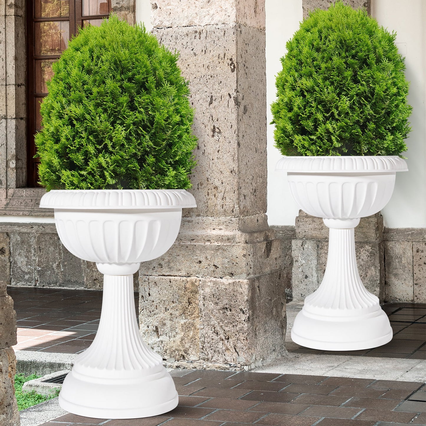 2 PCS White 18" Urn Planters – Tall Pedestal Flower Pots for Garden or Front Door