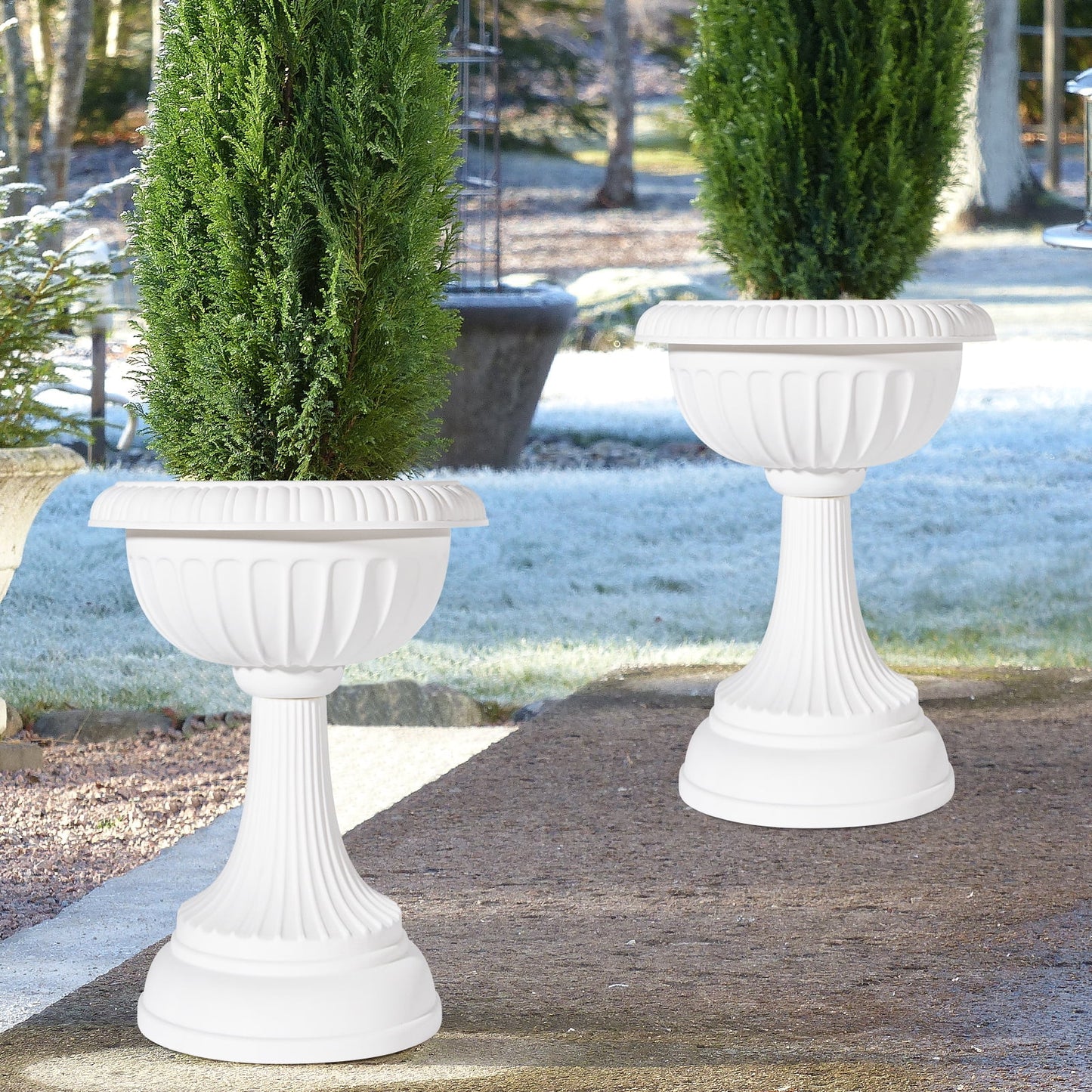 2 PCS White 18" Urn Planters – Tall Pedestal Flower Pots for Garden or Front Door