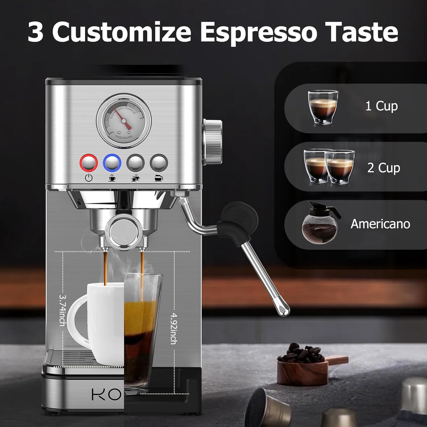 20-Bar Espresso Machine – Stainless Steel, 3-in-1 with Steam Wand
This high-performance espresso machine features a 20-bar Italian pump and PID temperature control for rich, barista-quality coffee at home. With three brew settings and a built-in milk frothing wand, it’s perfect for espresso, lattes, cappuccinos, and more.
• 20-bar professional pump with pre-soak system for even extraction
• 3 brew modes: single shot, double shot, and Americano
• Steam wand for fast, rich milk froth—ideal for cappuccinos an