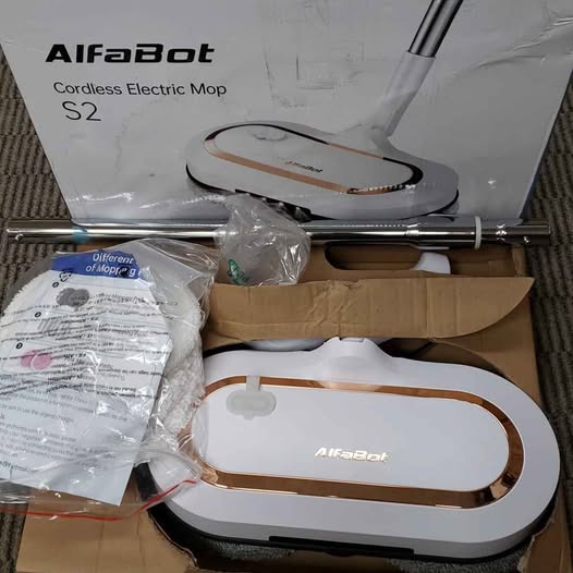 AlfaBot S2 Cordless Electric Spin Mop – LED Headlight, Water Sprayer, 60min Runtime
