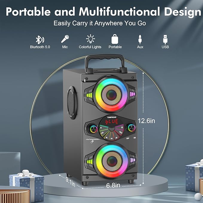 Bluetooth Speaker – Portable Wireless Speaker with Subwoofer, Lights, and Microphone