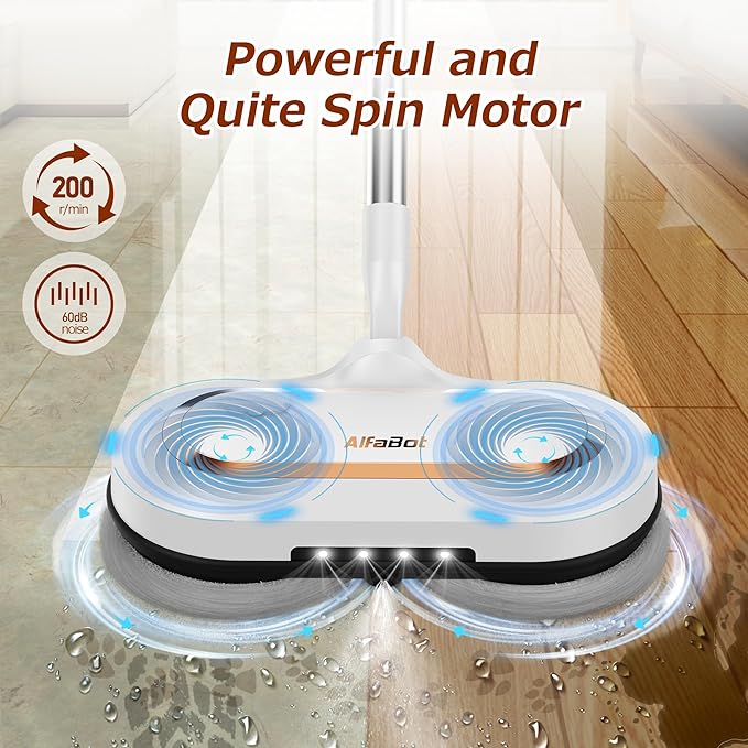 AlfaBot S2 Cordless Electric Spin Mop – LED Headlight, Water Sprayer, 60min Runtime