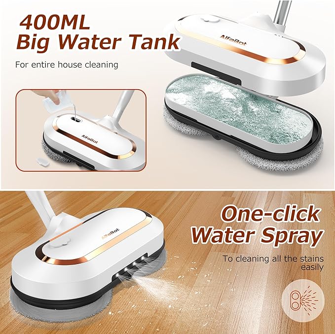 AlfaBot S2 Cordless Electric Spin Mop – LED Headlight, Water Sprayer, 60min Runtime