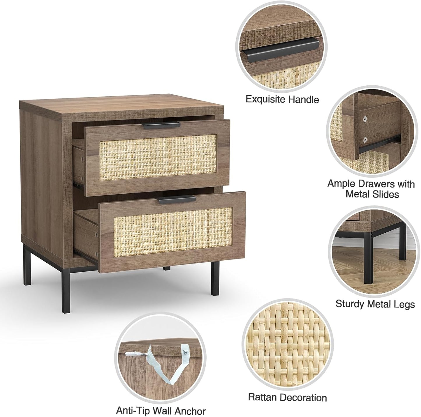 Anmytek Modern Farmhouse End Table – 2-Drawer Rattan Nightstand (Natural Oak Finish)