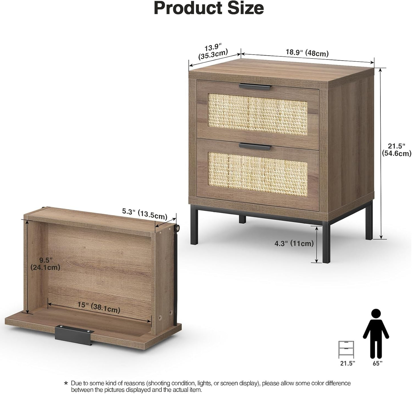 Anmytek Modern Farmhouse End Table – 2-Drawer Rattan Nightstand (Natural Oak Finish)