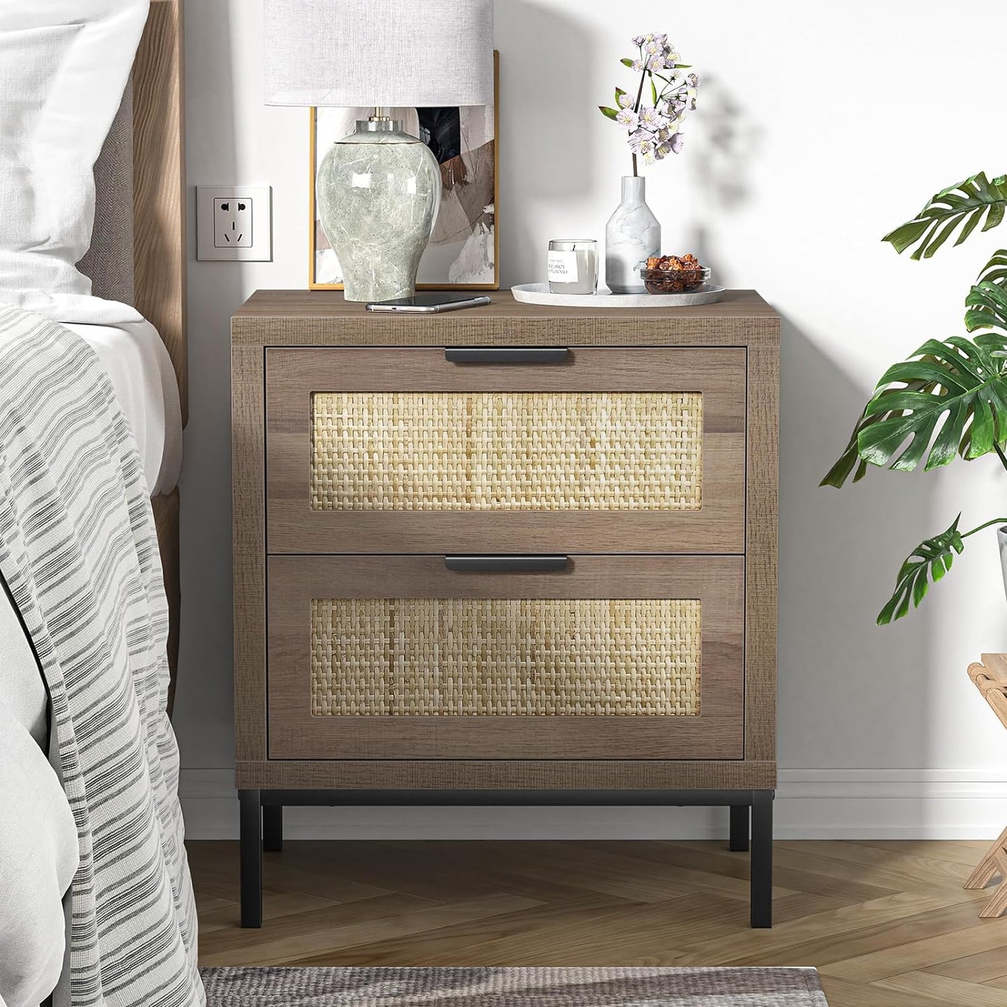 Anmytek Modern Farmhouse End Table – 2-Drawer Rattan Nightstand (Natural Oak Finish)