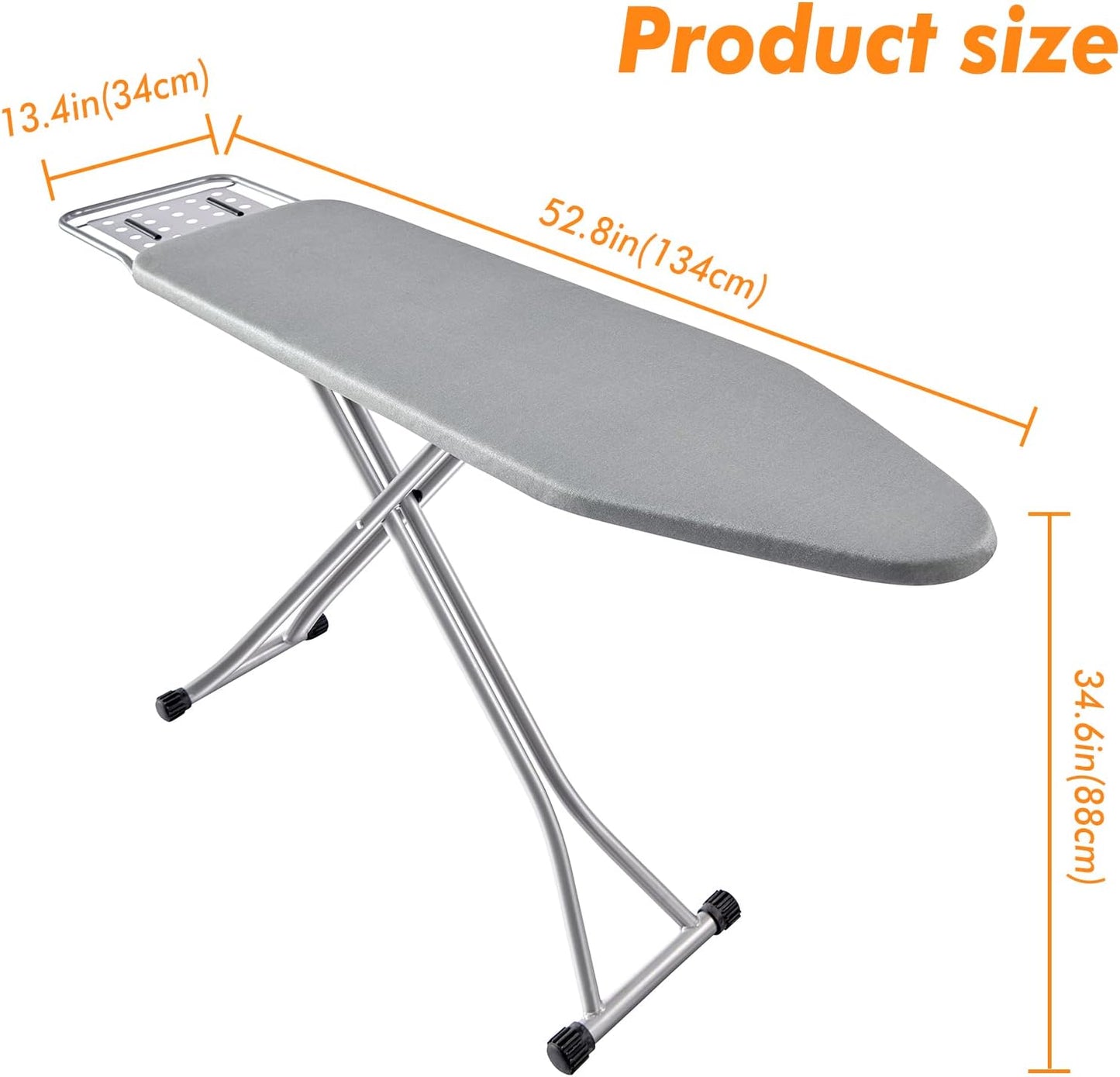BKTD Ironing Board with Steel Frame and Steam Iron Rest – Gray (13 x 34 x 53 Inches)