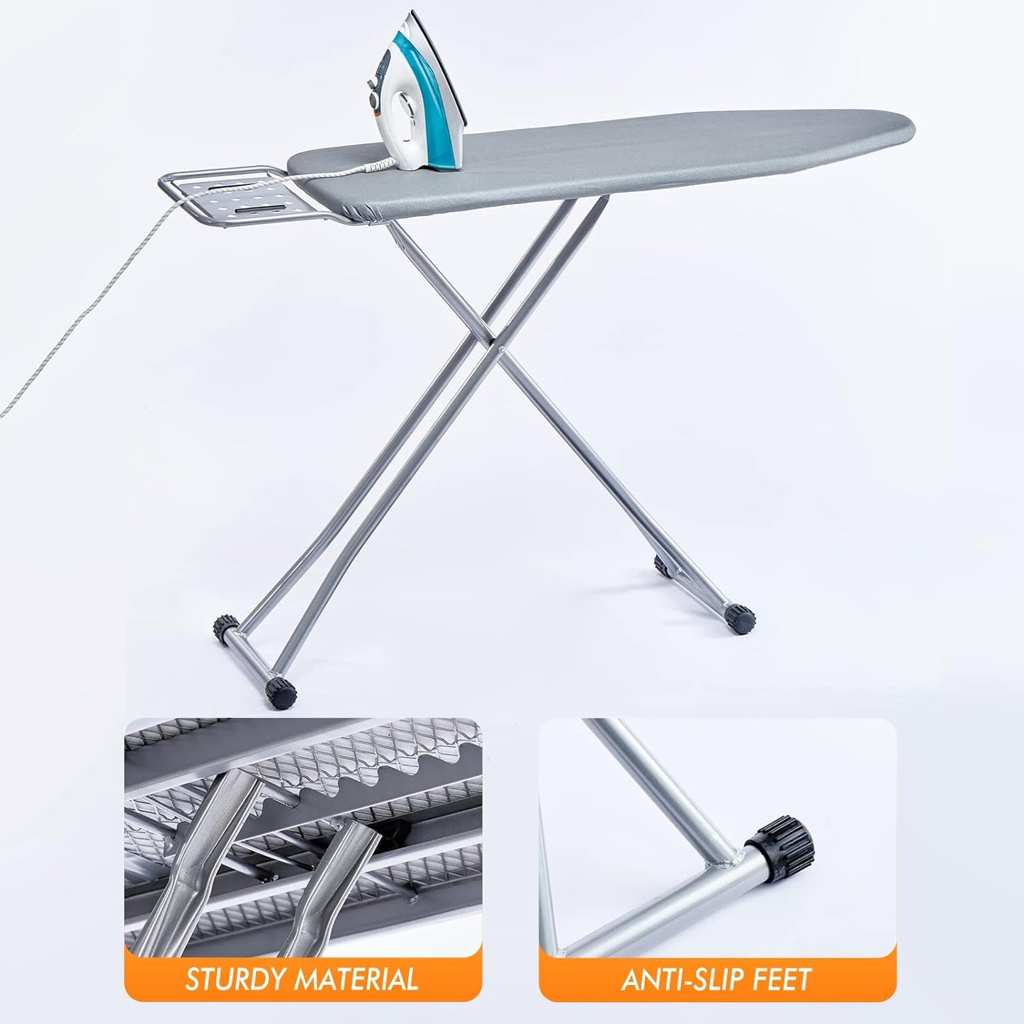 BKTD Ironing Board with Steel Frame and Steam Iron Rest – Gray (13 x 34 x 53 Inches)