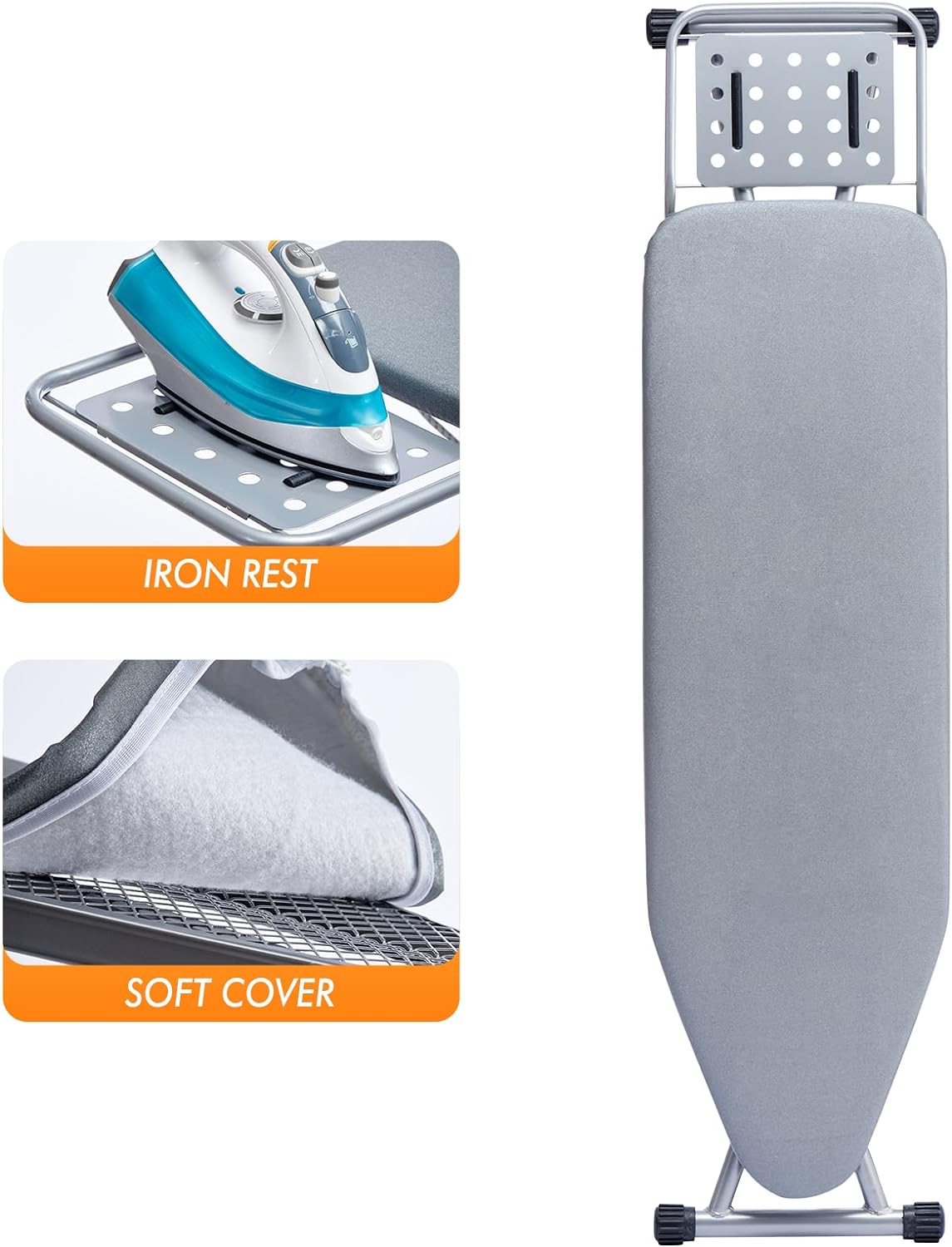 BKTD Ironing Board with Steel Frame and Steam Iron Rest – Gray (13 x 34 x 53 Inches)