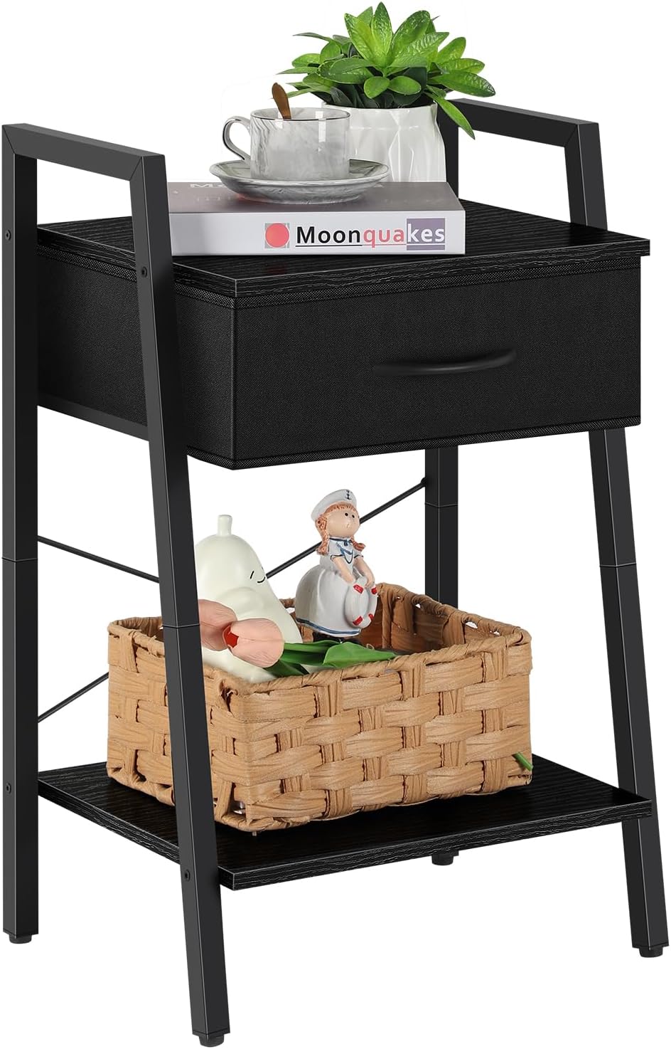 Black 3-Tier Nightstand with Fabric Drawer and Open Shelf