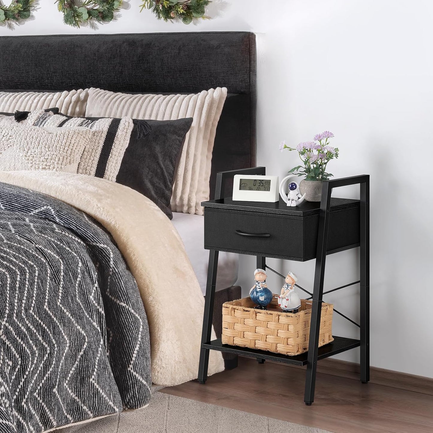 Black 3-Tier Nightstand with Fabric Drawer and Open Shelf