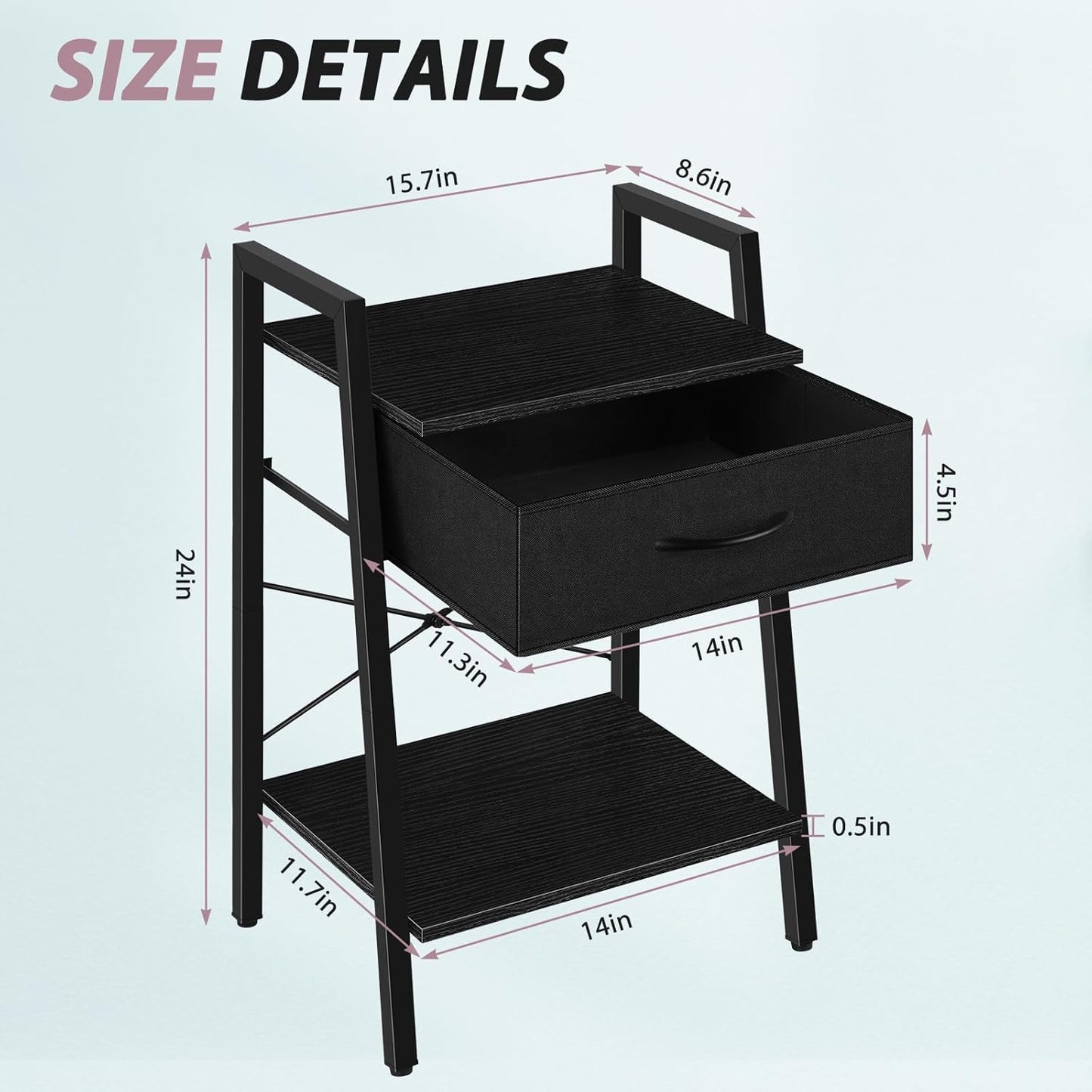 Black 3-Tier Nightstand with Fabric Drawer and Open Shelf