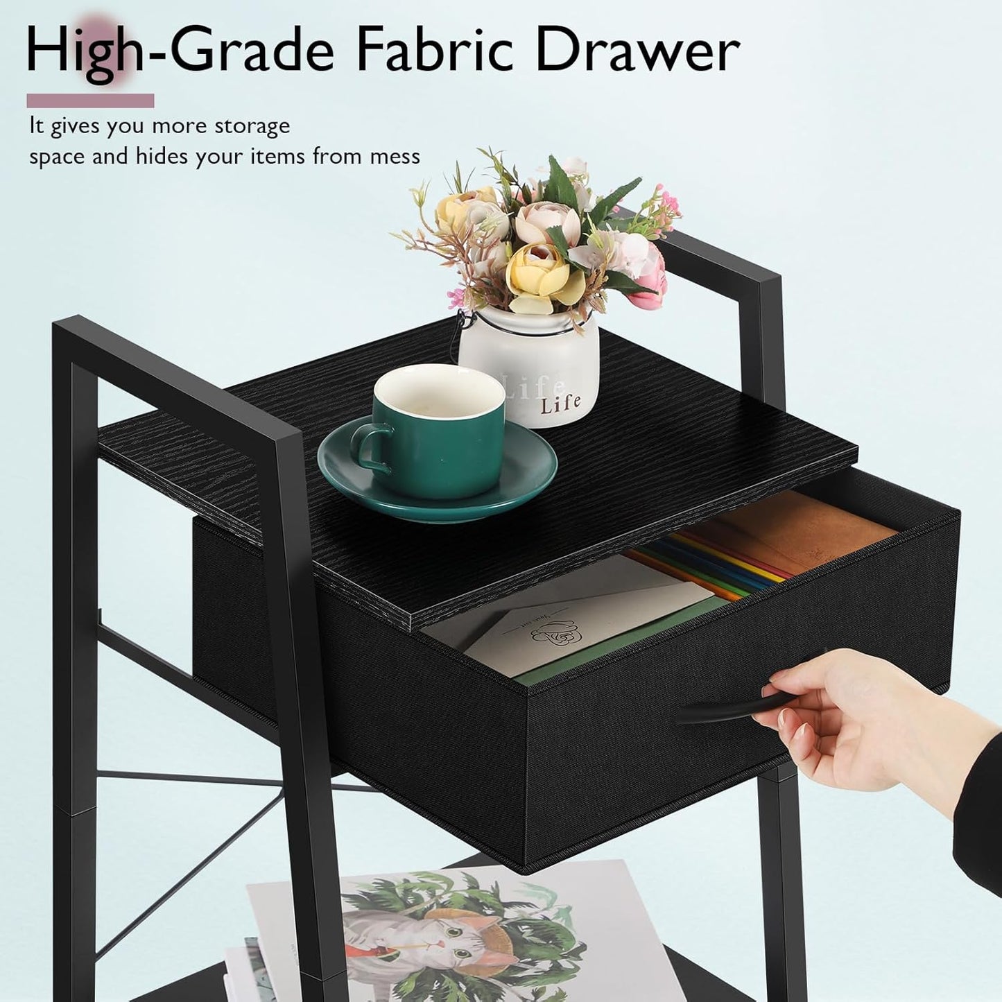 Black 3-Tier Nightstand with Fabric Drawer and Open Shelf