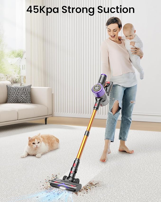 Cordless Vacuum Cleaner – 550W, 45KPa Suction, 60min Runtime, Touch Display