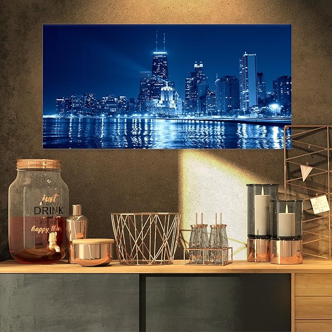Designart Blue Chicago Skyline Night Cityscape – 81x41 cm Framed Canvas Wall Art