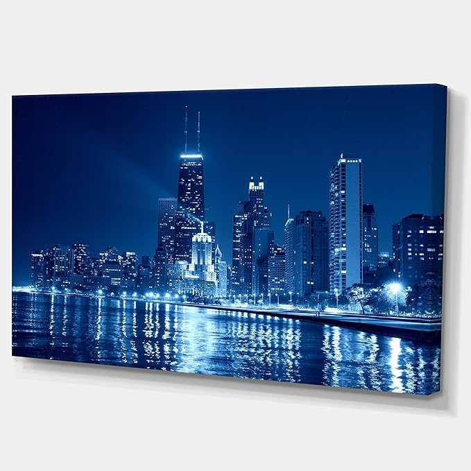 Designart Blue Chicago Skyline Night Cityscape – 81x41 cm Framed Canvas Wall Art