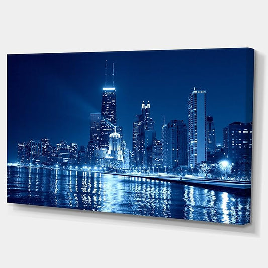 Designart Blue Chicago Skyline Night Cityscape – 81x41 cm Framed Canvas Wall Art