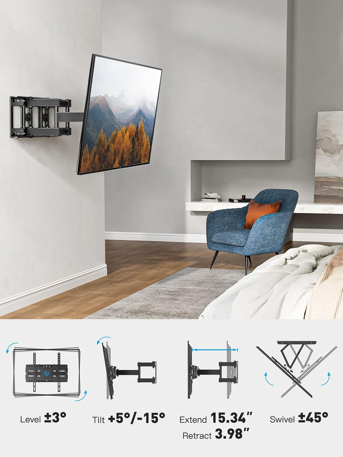 Pipishell Full Motion TV Wall Mount for 26”–65” Screens