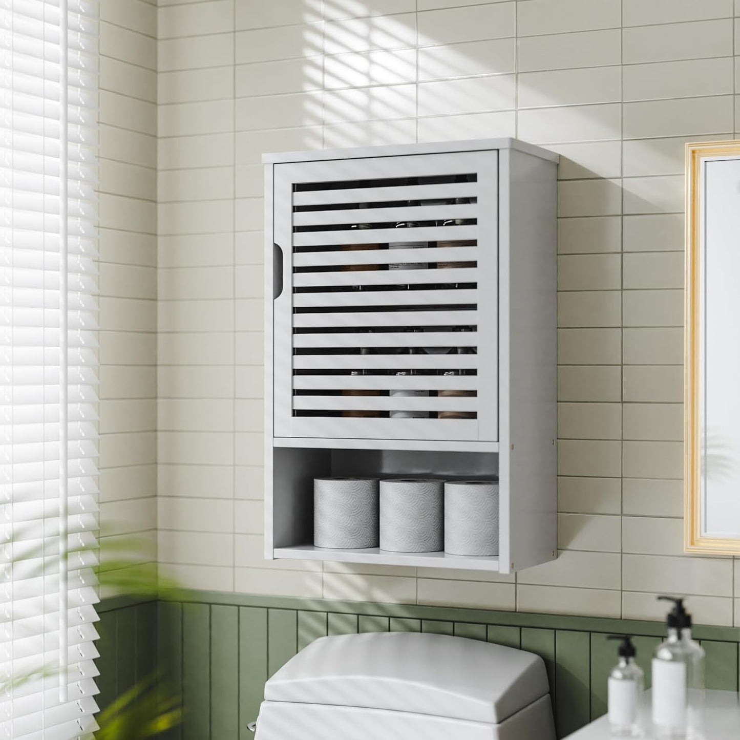 HITNET Bathroom Wall Cabinet with Door – White Bamboo Over-the-Toilet Storage Organizer