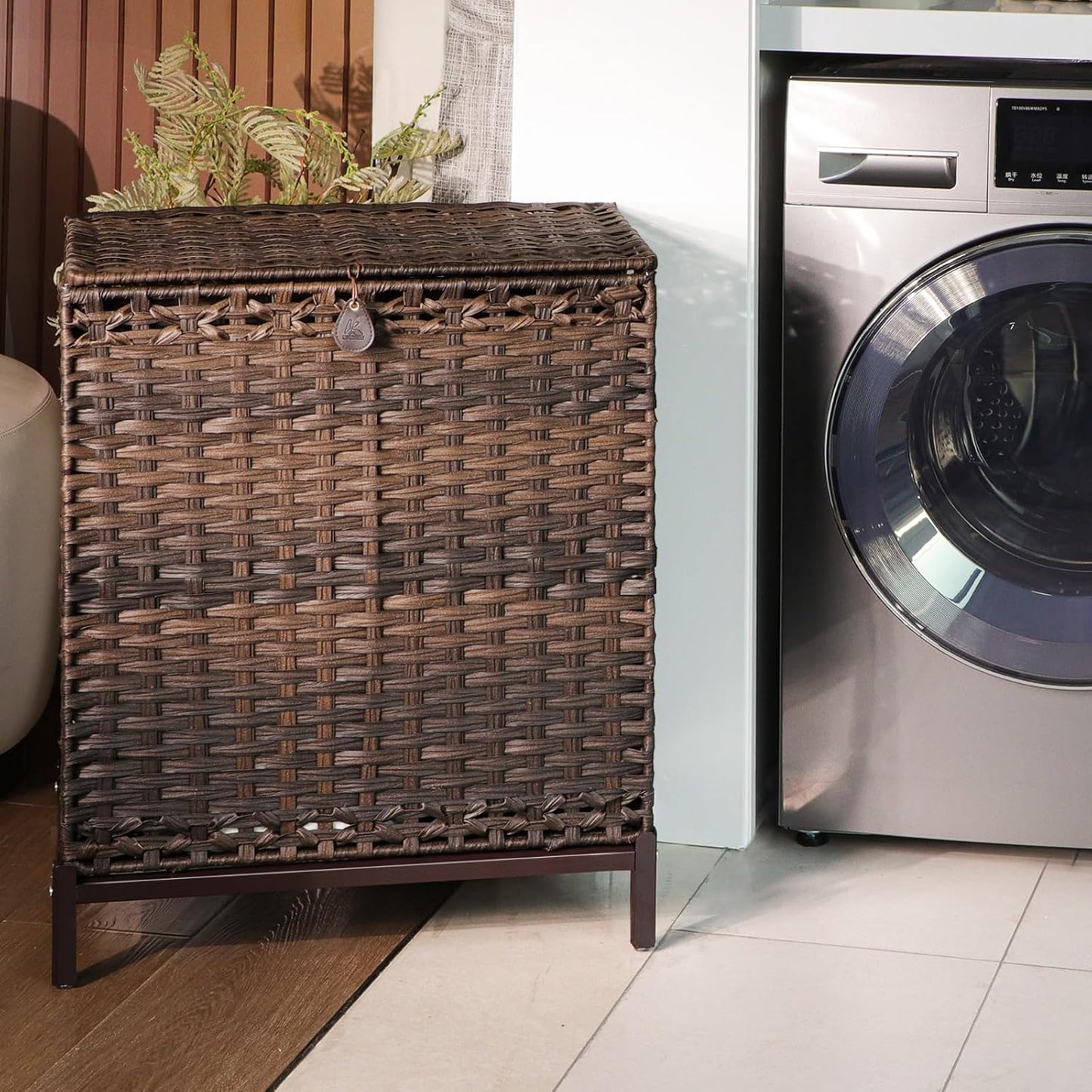Laundry Hamper with 2 Removable Liner Bags – 112L Rattan Laundry Basket with Metal Legs (Brown)