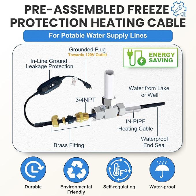 MAXKOSKO 85 Ft In-Line Pipe Heating Cable – 120V, Safe for Drinking Water