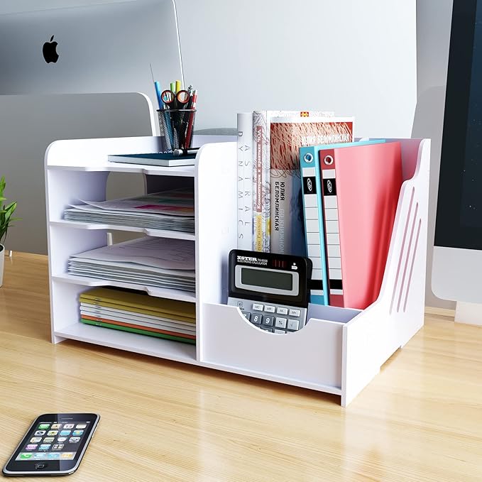 Natwind 4-Tier Office White Desktop Organizer – Paper File Rack with Vertical & Horizontal File Holder