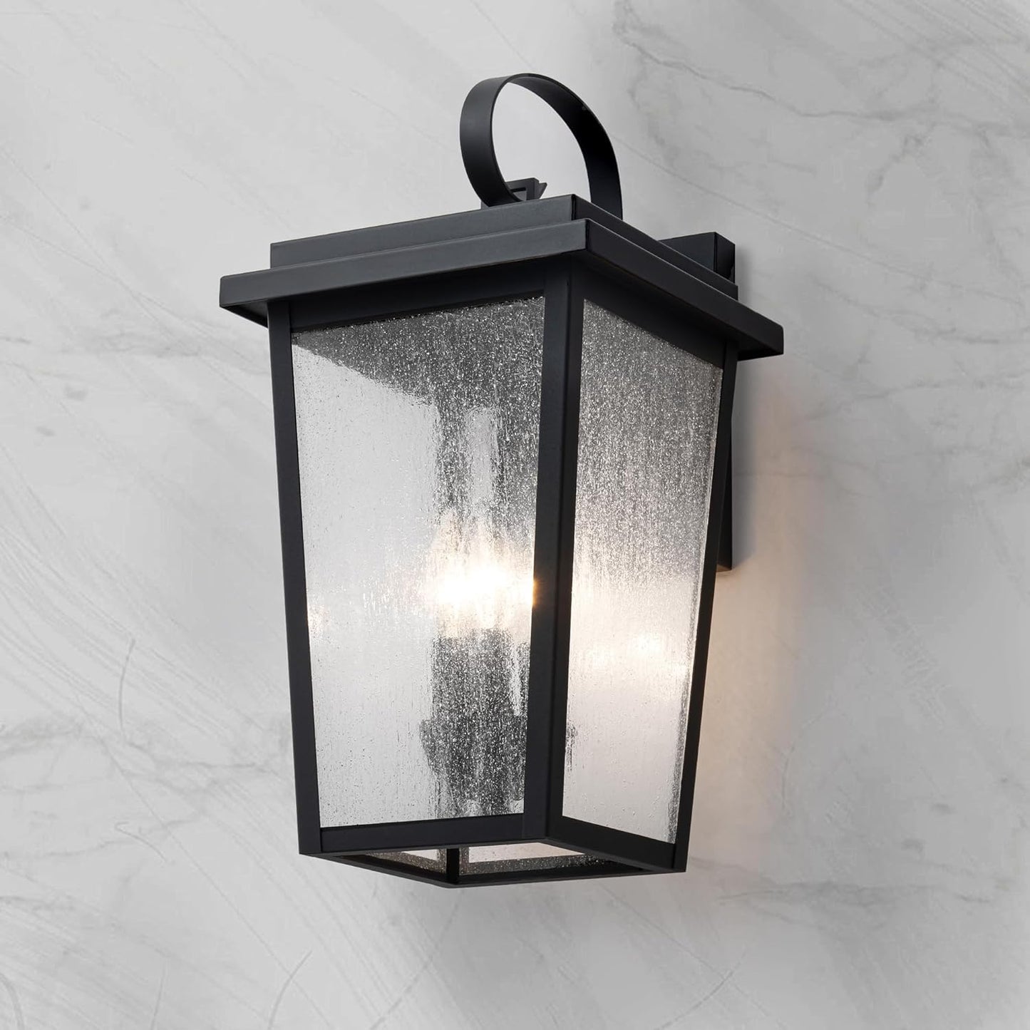 OUPAVOCS Large Outdoor Wall Sconce – Matte Black with Seeded Glass