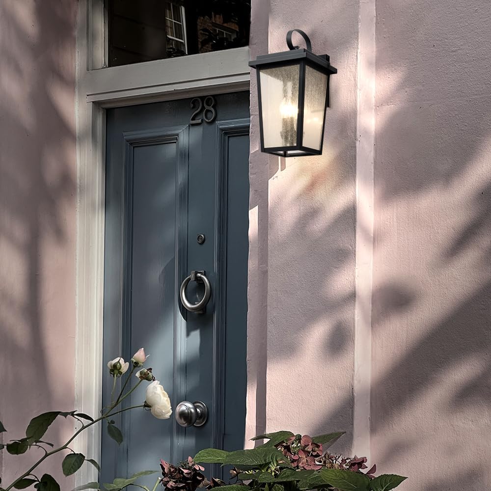 OUPAVOCS Large Outdoor Wall Sconce – Matte Black with Seeded Glass