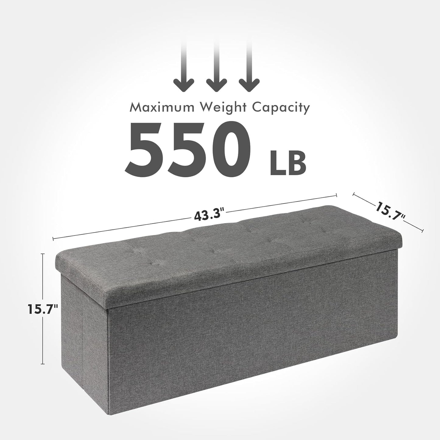 PINPLUS Folding Storage Ottoman Bench – Grey Linen, 43.3" Long