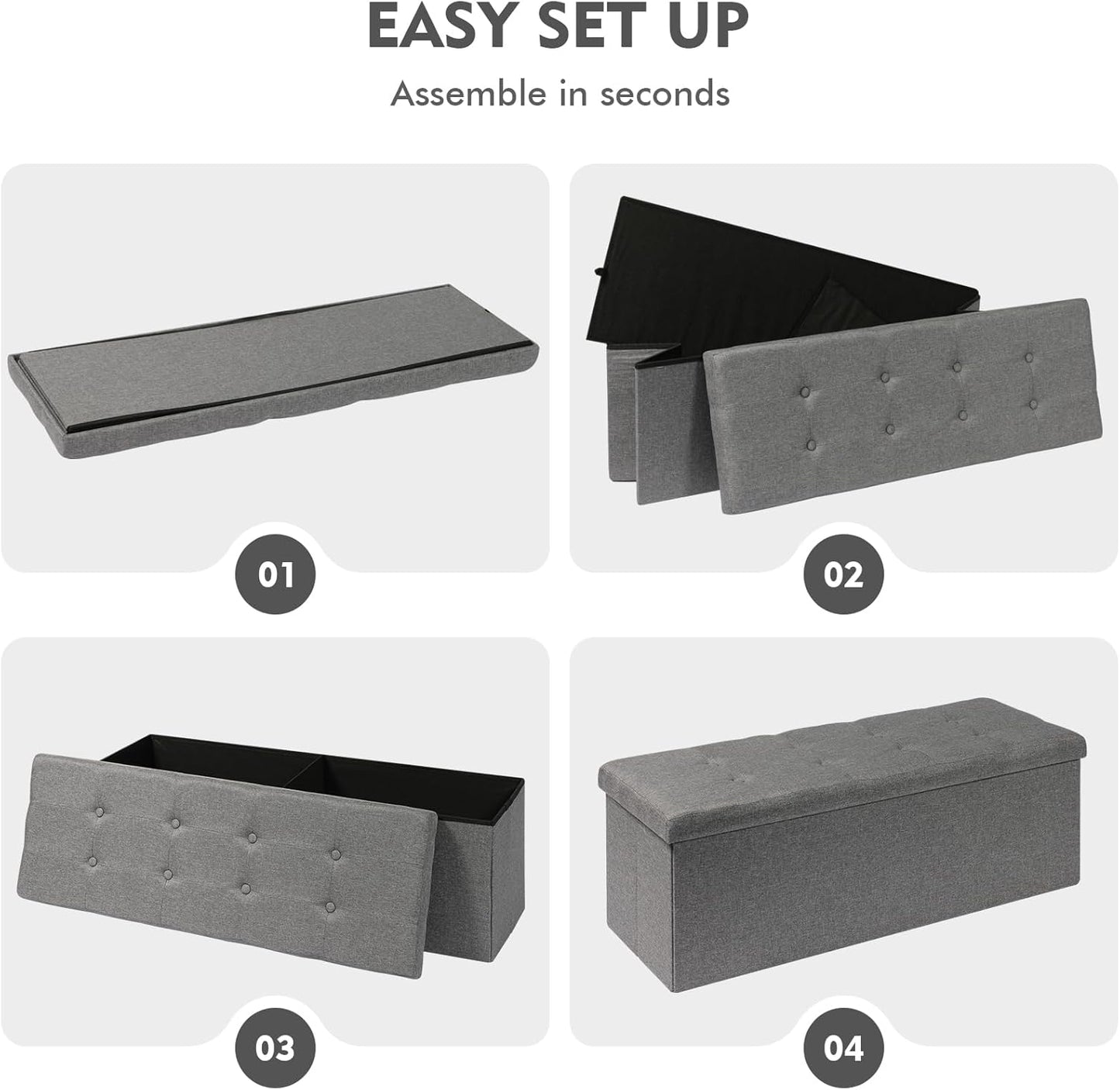 PINPLUS Folding Storage Ottoman Bench – Grey Linen, 43.3" Long
