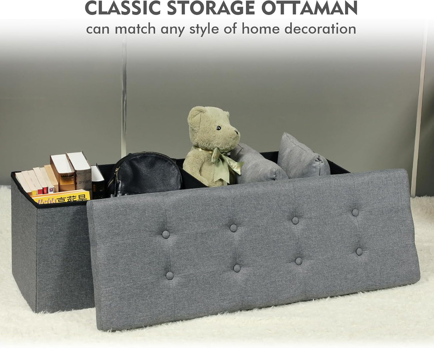 PINPLUS Folding Storage Ottoman Bench – Grey Linen, 43.3" Long