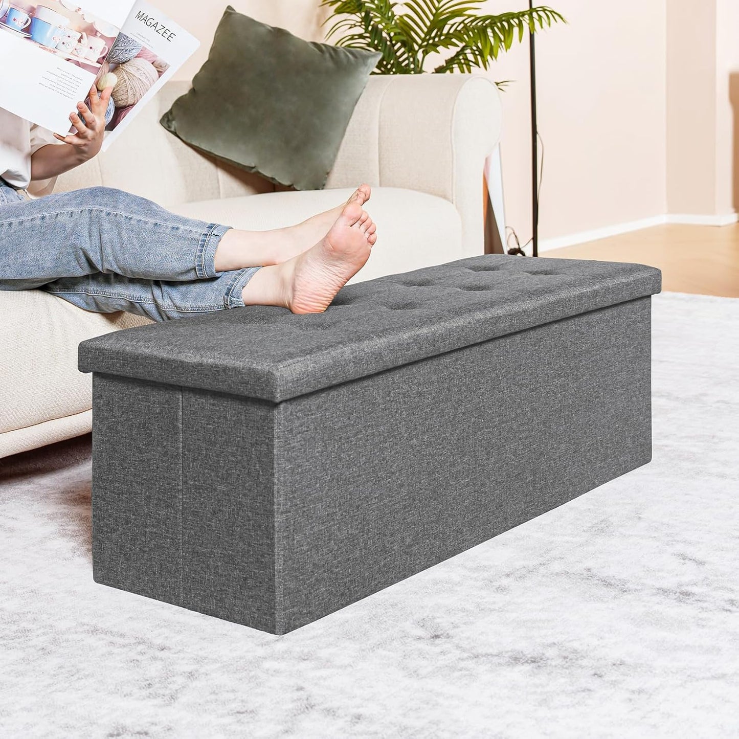 PINPLUS Folding Storage Ottoman Bench – Grey Linen, 43.3" Long