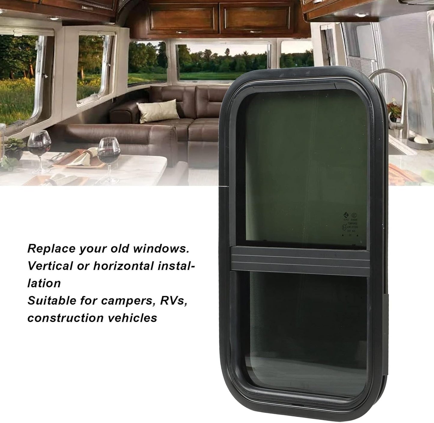 RV Window Replacement – 590x390mm Tinted Tempered Glass Vertical/Horizontal Sliding with Fixed Frame