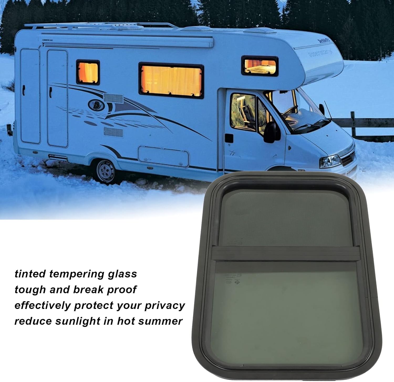 RV Window Replacement – 590x390mm Tinted Tempered Glass Vertical/Horizontal Sliding with Fixed Frame