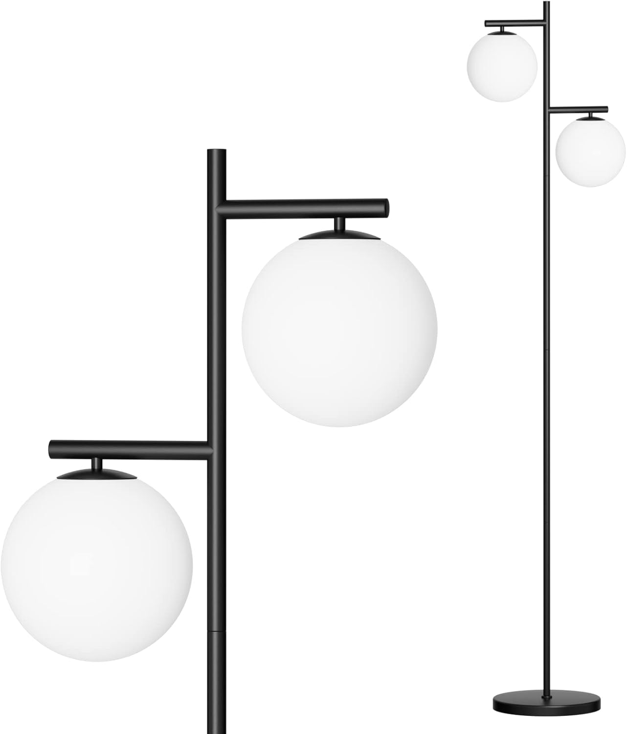 Ralbay Matte Black Globe Floor Lamp – 2 Globe Mid Century Modern Frosted Glass