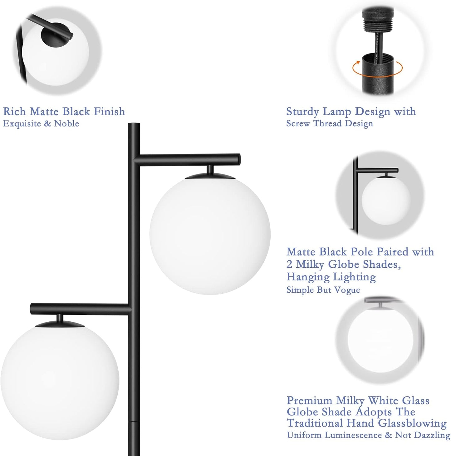 Ralbay Matte Black Globe Floor Lamp – 2 Globe Mid Century Modern Frosted Glass