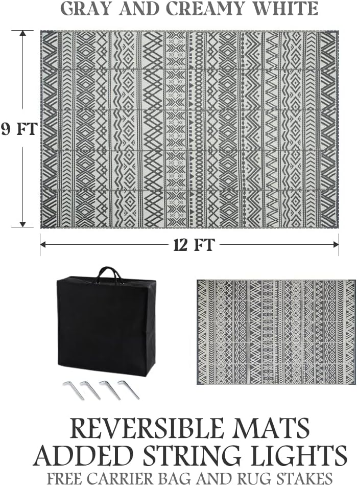 Reversible Outdoor Camping Rug with LED Strip – Grey & White, 9x12 ft