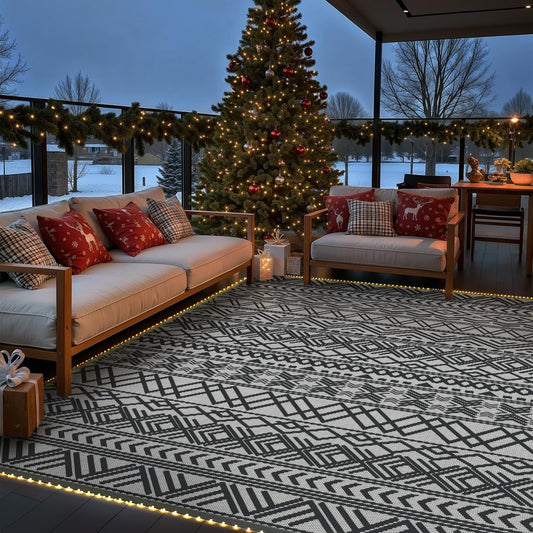 Reversible Outdoor Camping Rug with LED Strip – Grey & White, 9x12 ft