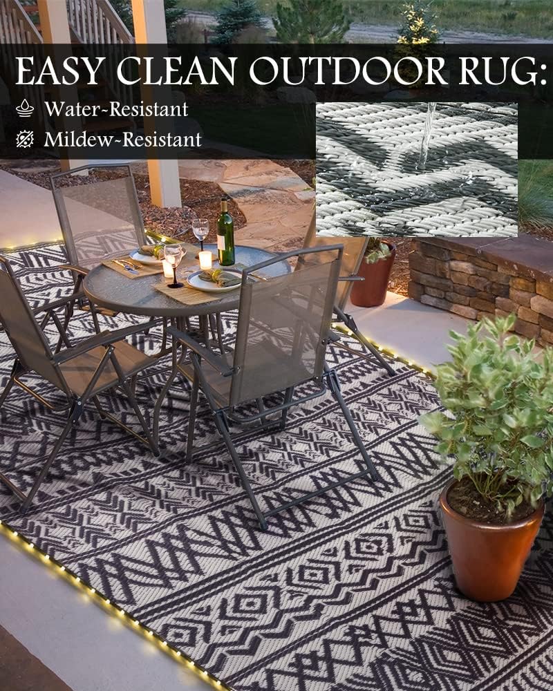 Reversible Outdoor Camping Rug with LED Strip – Grey & White, 9x12 ft