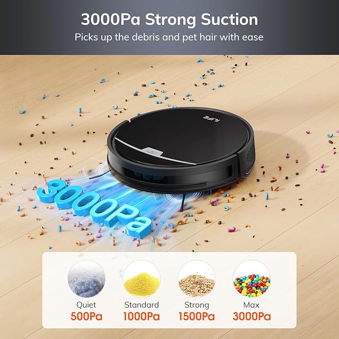 ILIFE V9 Robot Vacuum and Mop – 3000Pa Suction, App & Voice Control
The ILIFE V9 is a 3-in-1 robot vacuum and mop designed for efficient and customizable cleaning. With strong suction, smart gyro navigation, and app and voice control, it’s ideal for hard floors and pet hair.
• 4 suction levels up to 3000Pa for powerful cleaning performance
• 2-in-1 vacuum and mop with 200mL dustbin and 200mL water tank
• Intelligent gyro navigation cleans in a zigzag path for better coverage
• App control via ILIFEHOME