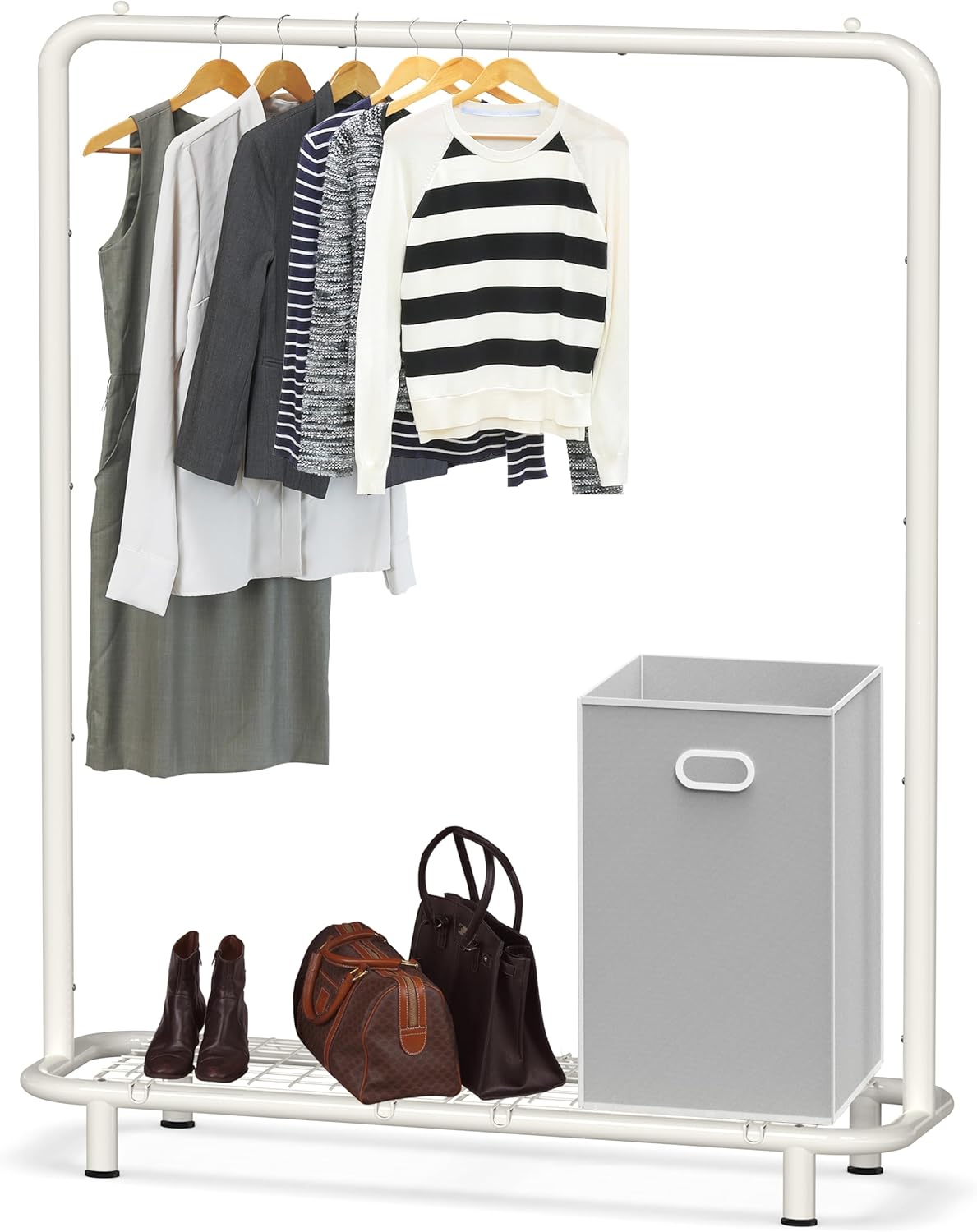 SimpleHousewares Clothing Garment Rack with Bottom Shelves, White