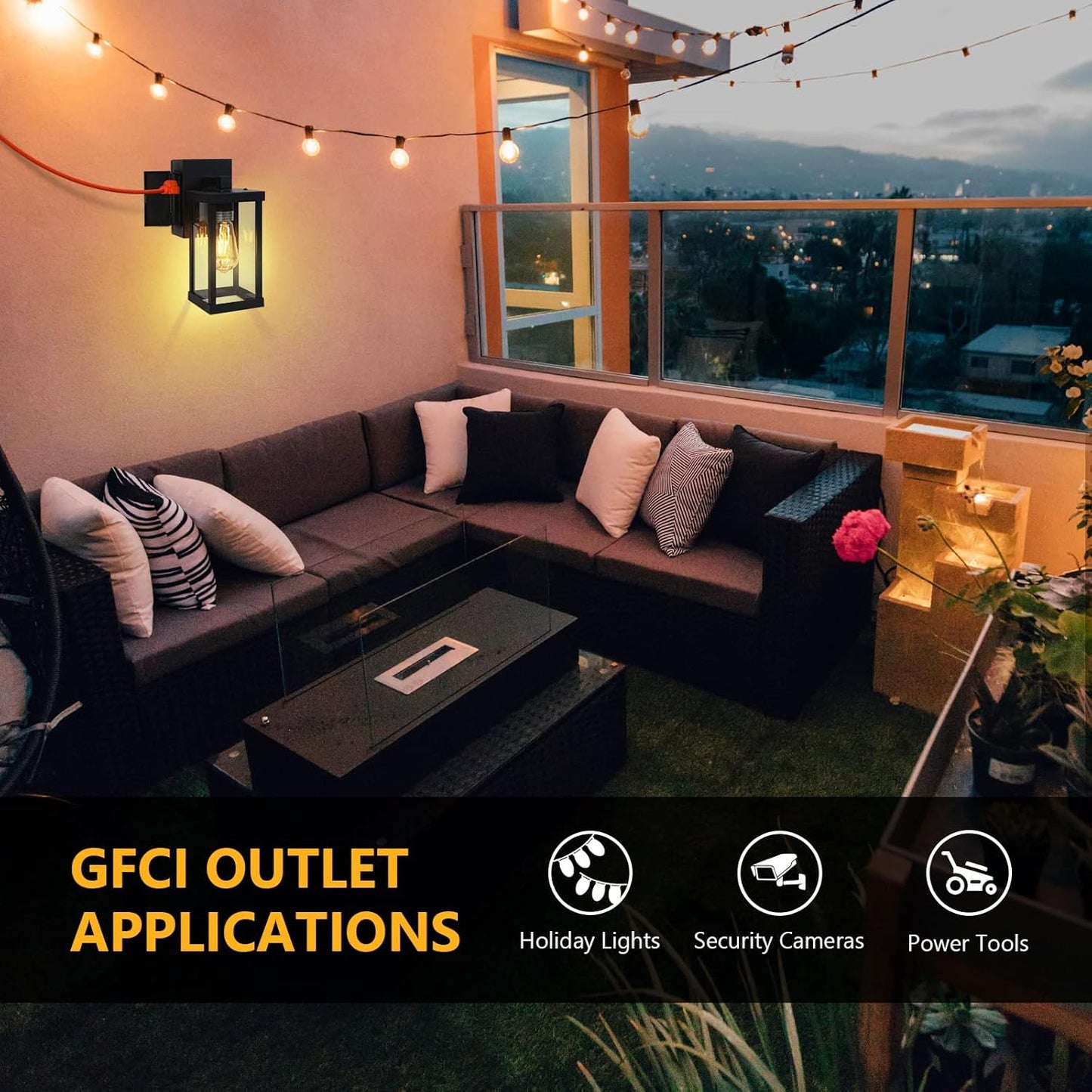 TOPKDA Outdoor Wall Light with GFCI Outlet – Black, Weatherproof, Bulb Included