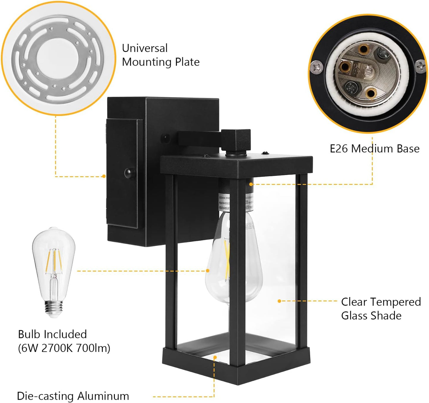 TOPKDA Outdoor Wall Light with GFCI Outlet – Black, Weatherproof, Bulb Included