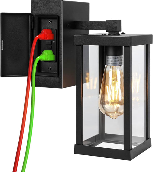 TOPKDA Outdoor Wall Light with GFCI Outlet – Black, Weatherproof, Bulb Included