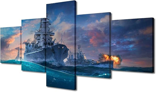 TUMOVO 5-Panel Navy Blue Ship Wall Art – 50" x 24"