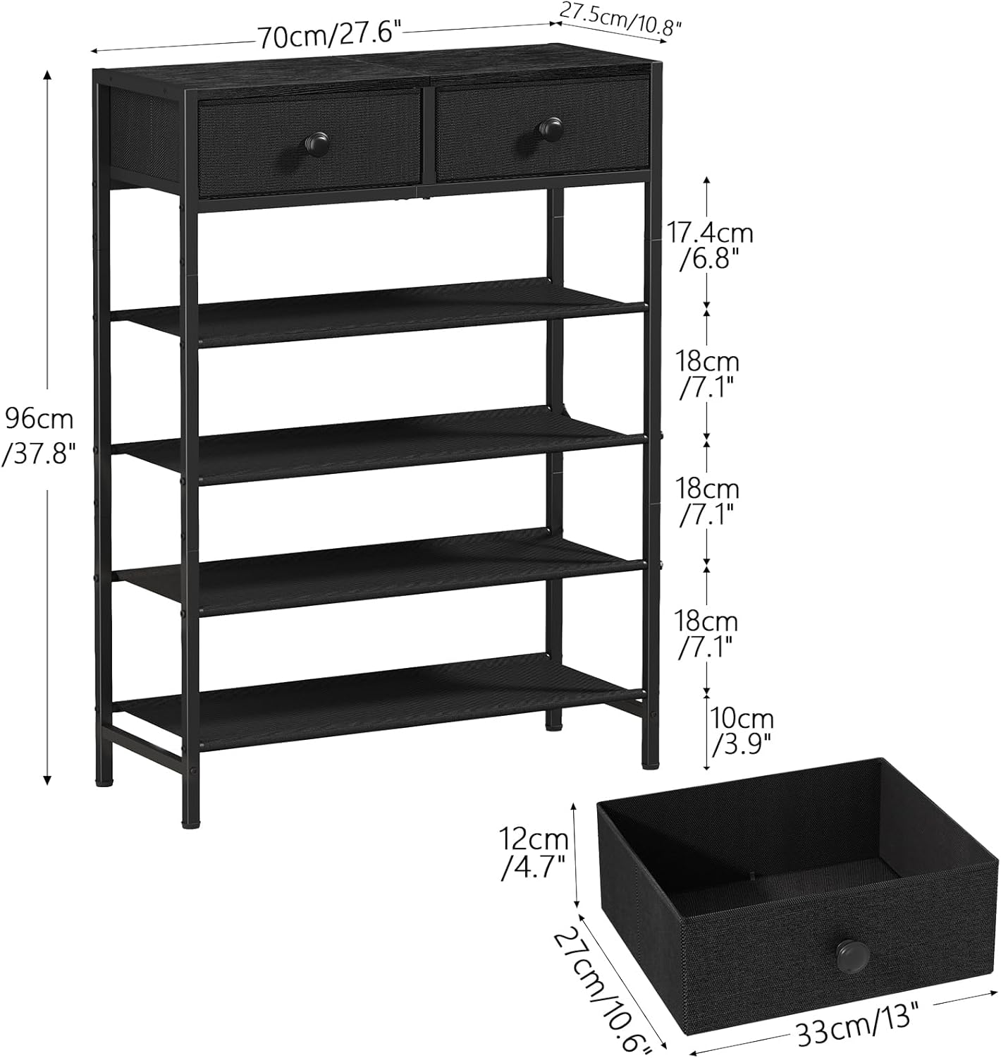 UNITSTAGE 5-Tier Shoe Rack with Drawers – Metal Frame, Fabric Shelves Wood Top, Charcoal