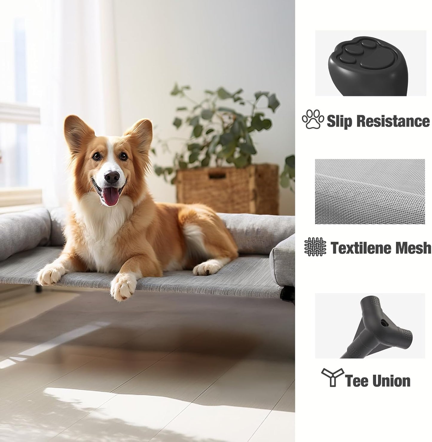Veehoo Elevated Dog Bed with Removable Bolster – 125 x 83 x 33 cm (Black/Silver)