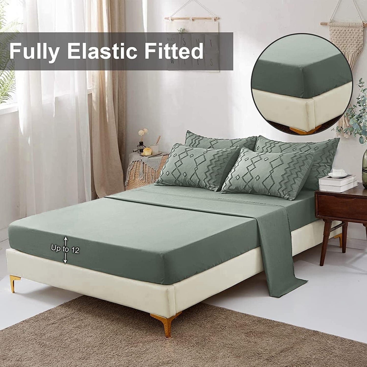WONGS BEDDING Green Tufted Comforter Set – 7-Piece Queen Bed in a Bag, Microfiber Boho Bedding