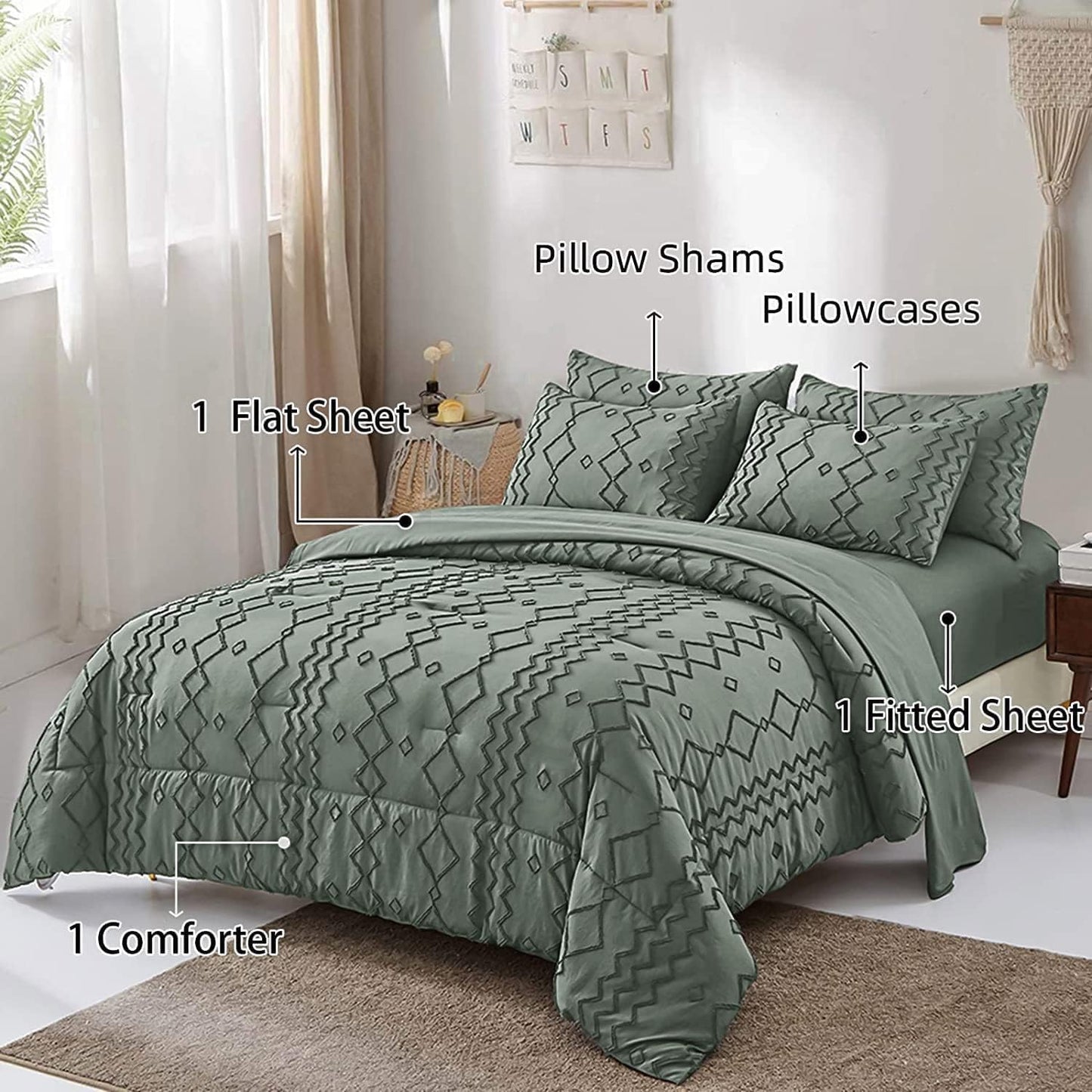 WONGS BEDDING Green Tufted Comforter Set – 7-Piece Queen Bed in a Bag, Microfiber Boho Bedding