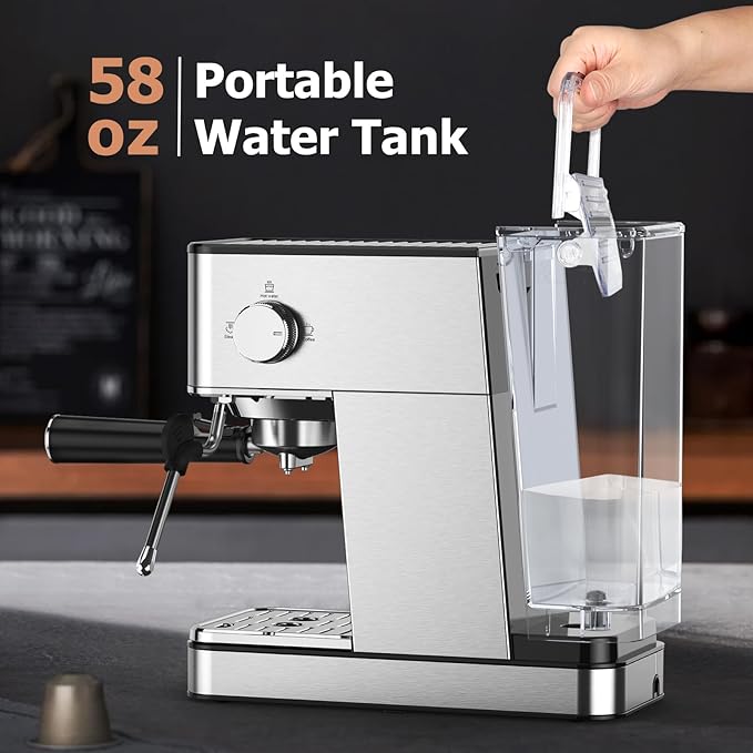 20-Bar Espresso Machine – Stainless Steel, 3-in-1 with Steam Wand
This high-performance espresso machine features a 20-bar Italian pump and PID temperature control for rich, barista-quality coffee at home. With three brew settings and a built-in milk frothing wand, it’s perfect for espresso, lattes, cappuccinos, and more.
• 20-bar professional pump with pre-soak system for even extraction
• 3 brew modes: single shot, double shot, and Americano
• Steam wand for fast, rich milk froth—ideal for cappuccinos an